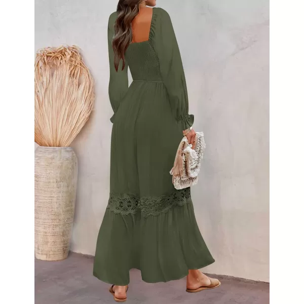imageZESICA Womens 2023 Boho Long Sleeve Square Neck Smocked High Waist Flowy A Line Lace Trim Maxi DressArmygreen