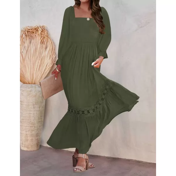 imageZESICA Womens 2023 Boho Long Sleeve Square Neck Smocked High Waist Flowy A Line Lace Trim Maxi DressArmygreen