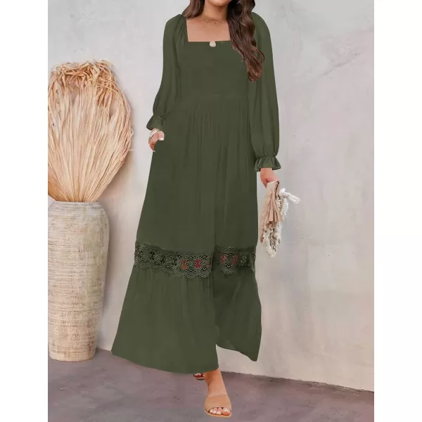 imageZESICA Womens 2023 Boho Long Sleeve Square Neck Smocked High Waist Flowy A Line Lace Trim Maxi DressArmygreen