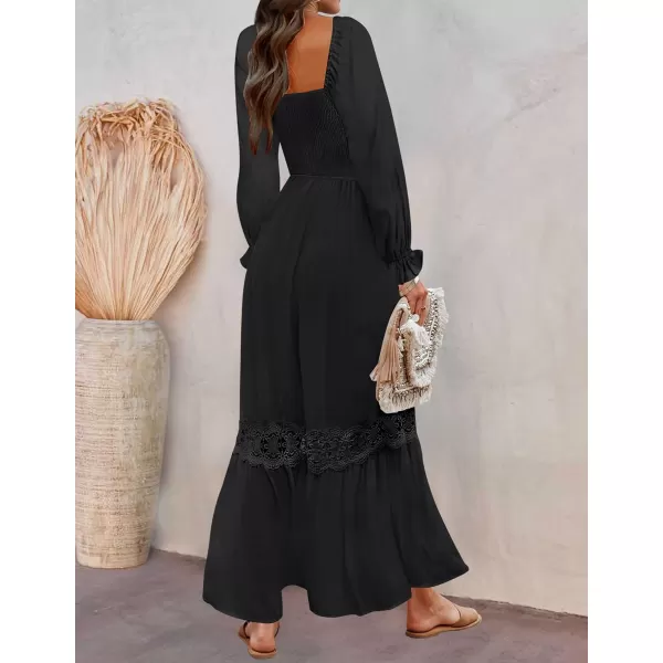 imageZESICA Womens 2023 Boho Long Sleeve Square Neck Smocked High Waist Flowy A Line Lace Trim Maxi DressBlack