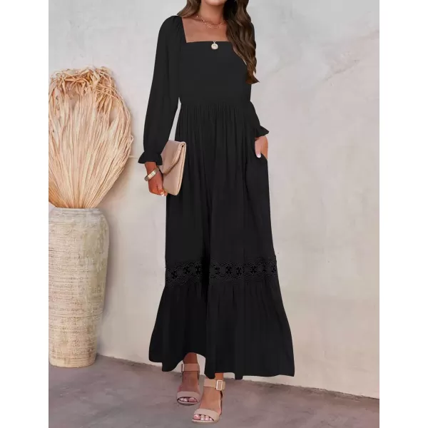 imageZESICA Womens 2023 Boho Long Sleeve Square Neck Smocked High Waist Flowy A Line Lace Trim Maxi DressBlack