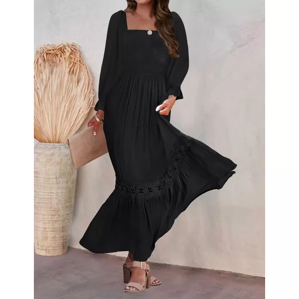 imageZESICA Womens 2023 Boho Long Sleeve Square Neck Smocked High Waist Flowy A Line Lace Trim Maxi DressBlack