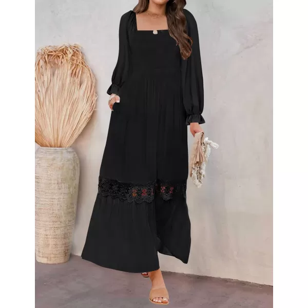 imageZESICA Womens 2023 Boho Long Sleeve Square Neck Smocked High Waist Flowy A Line Lace Trim Maxi DressBlack