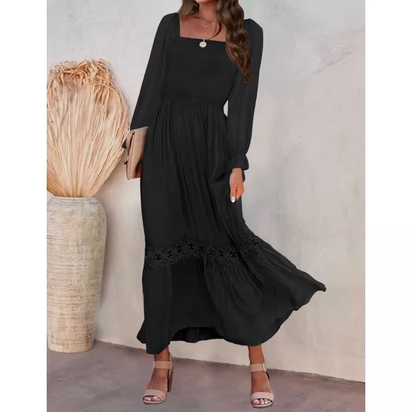 imageZESICA Womens 2023 Boho Long Sleeve Square Neck Smocked High Waist Flowy A Line Lace Trim Maxi DressBlack