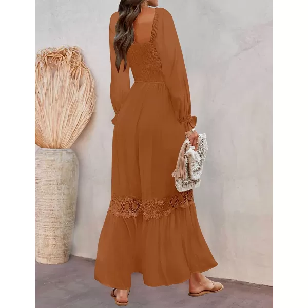 imageZESICA Womens 2023 Boho Long Sleeve Square Neck Smocked High Waist Flowy A Line Lace Trim Maxi DressBrown