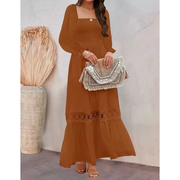 imageZESICA Womens 2023 Boho Long Sleeve Square Neck Smocked High Waist Flowy A Line Lace Trim Maxi DressBrown