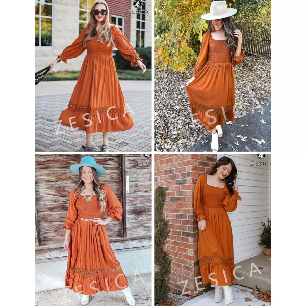 imageZESICA Womens 2023 Boho Long Sleeve Square Neck Smocked High Waist Flowy A Line Lace Trim Maxi DressBrown