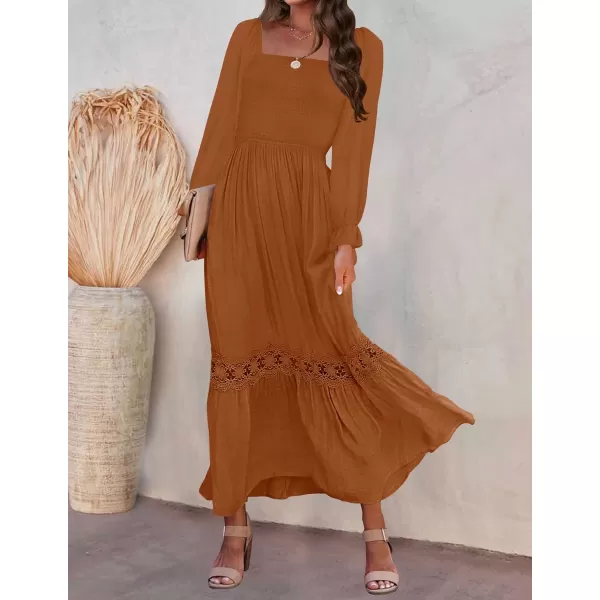 imageZESICA Womens 2023 Boho Long Sleeve Square Neck Smocked High Waist Flowy A Line Lace Trim Maxi DressBrown