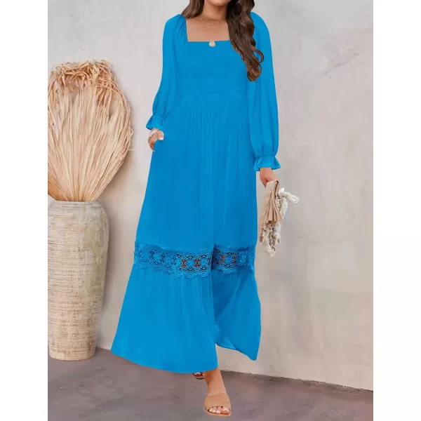 imageZESICA Womens 2023 Boho Long Sleeve Square Neck Smocked High Waist Flowy A Line Lace Trim Maxi DressCobalt