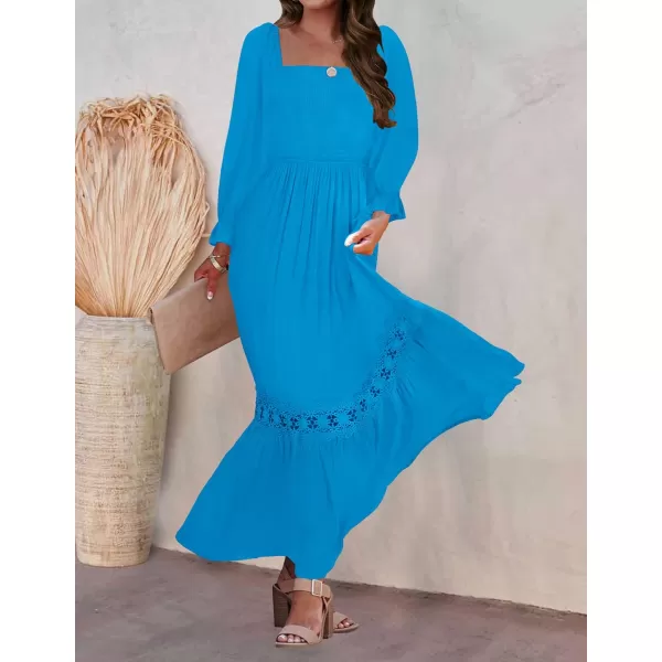 imageZESICA Womens 2023 Boho Long Sleeve Square Neck Smocked High Waist Flowy A Line Lace Trim Maxi DressCobalt