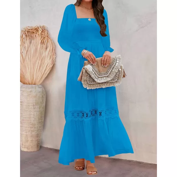 imageZESICA Womens 2023 Boho Long Sleeve Square Neck Smocked High Waist Flowy A Line Lace Trim Maxi DressCobalt