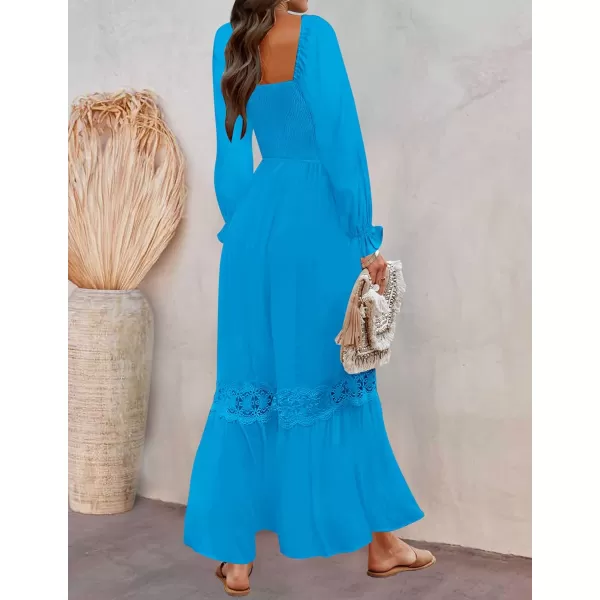 imageZESICA Womens 2023 Boho Long Sleeve Square Neck Smocked High Waist Flowy A Line Lace Trim Maxi DressCobalt