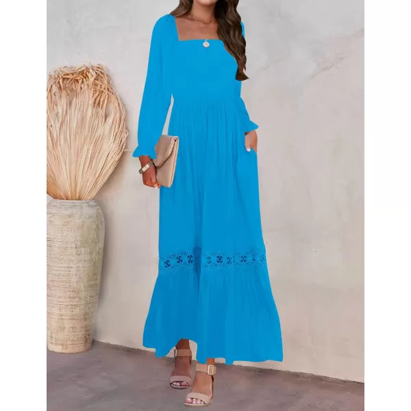 imageZESICA Womens 2023 Boho Long Sleeve Square Neck Smocked High Waist Flowy A Line Lace Trim Maxi DressCobalt