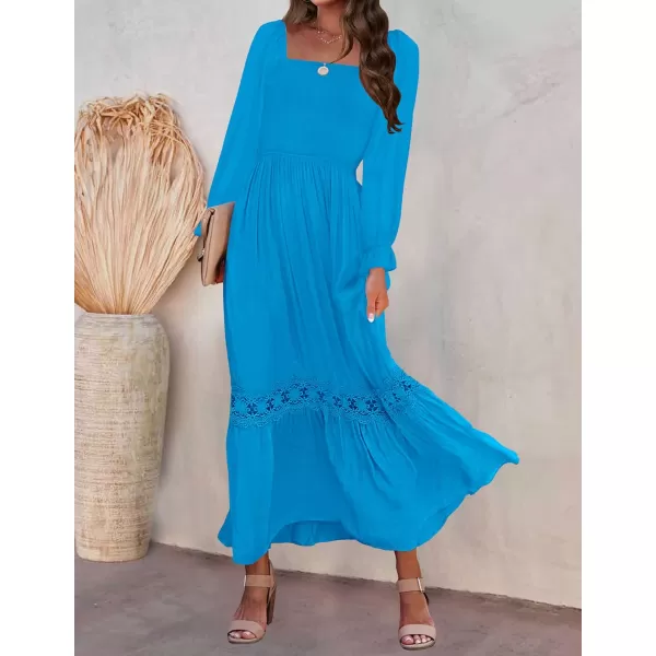 imageZESICA Womens 2023 Boho Long Sleeve Square Neck Smocked High Waist Flowy A Line Lace Trim Maxi DressCobalt