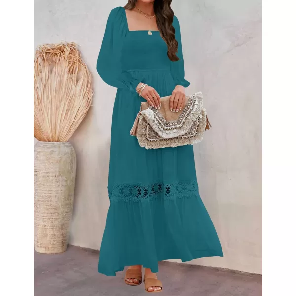 imageZESICA Womens 2023 Boho Long Sleeve Square Neck Smocked High Waist Flowy A Line Lace Trim Maxi DressCrystalblue