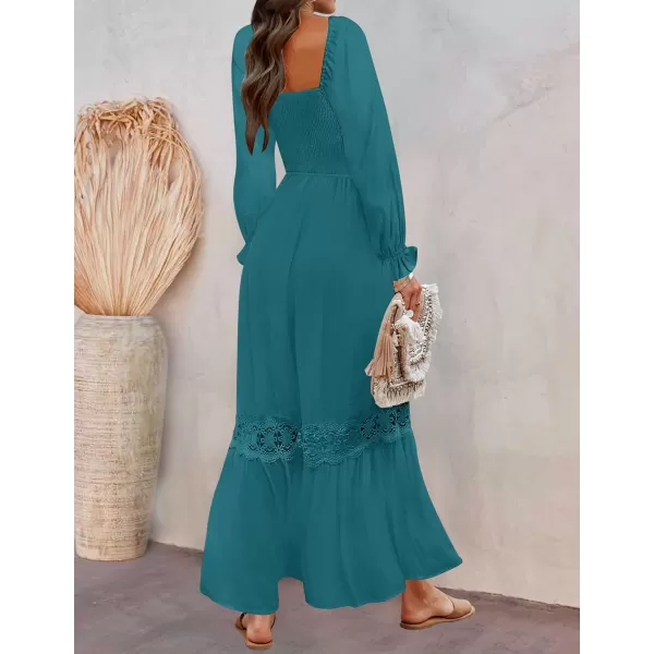 imageZESICA Womens 2023 Boho Long Sleeve Square Neck Smocked High Waist Flowy A Line Lace Trim Maxi DressCrystalblue