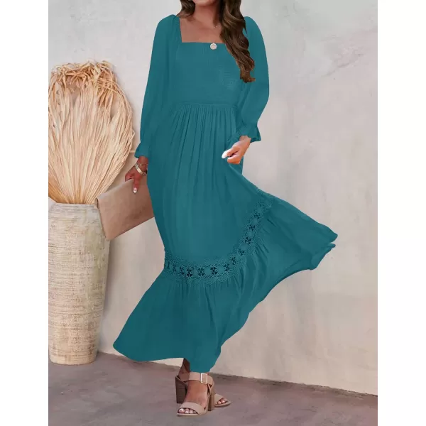 imageZESICA Womens 2023 Boho Long Sleeve Square Neck Smocked High Waist Flowy A Line Lace Trim Maxi DressCrystalblue