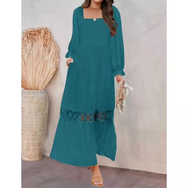 imageZESICA Womens 2023 Boho Long Sleeve Square Neck Smocked High Waist Flowy A Line Lace Trim Maxi DressCrystalblue