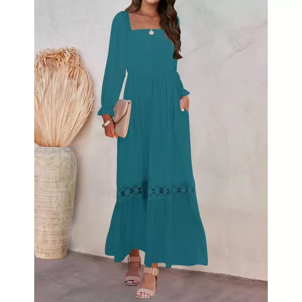imageZESICA Womens 2023 Boho Long Sleeve Square Neck Smocked High Waist Flowy A Line Lace Trim Maxi DressCrystalblue