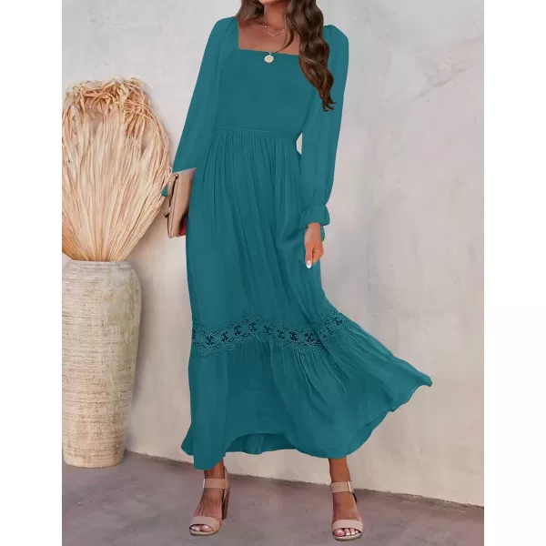imageZESICA Womens 2023 Boho Long Sleeve Square Neck Smocked High Waist Flowy A Line Lace Trim Maxi DressCrystalblue