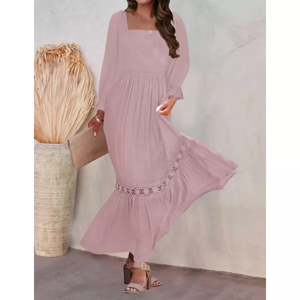 imageZESICA Womens 2023 Boho Long Sleeve Square Neck Smocked High Waist Flowy A Line Lace Trim Maxi DressDarkpink