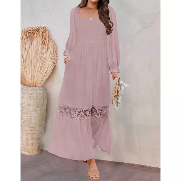 imageZESICA Womens 2023 Boho Long Sleeve Square Neck Smocked High Waist Flowy A Line Lace Trim Maxi DressDarkpink