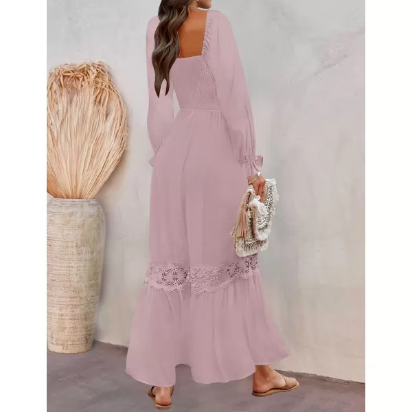 imageZESICA Womens 2023 Boho Long Sleeve Square Neck Smocked High Waist Flowy A Line Lace Trim Maxi DressDarkpink