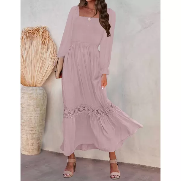 imageZESICA Womens 2023 Boho Long Sleeve Square Neck Smocked High Waist Flowy A Line Lace Trim Maxi DressDarkpink