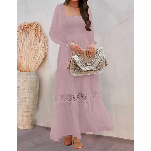 imageZESICA Womens 2023 Boho Long Sleeve Square Neck Smocked High Waist Flowy A Line Lace Trim Maxi DressDarkpink