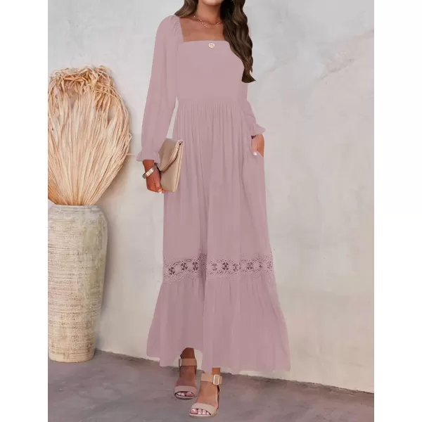 imageZESICA Womens 2023 Boho Long Sleeve Square Neck Smocked High Waist Flowy A Line Lace Trim Maxi DressDarkpink