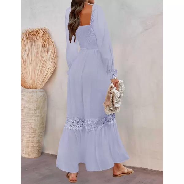 imageZESICA Womens 2023 Boho Long Sleeve Square Neck Smocked High Waist Flowy A Line Lace Trim Maxi DressDustytaro