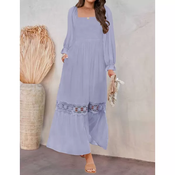imageZESICA Womens 2023 Boho Long Sleeve Square Neck Smocked High Waist Flowy A Line Lace Trim Maxi DressDustytaro