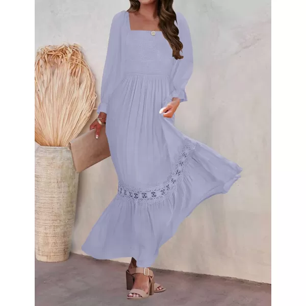 imageZESICA Womens 2023 Boho Long Sleeve Square Neck Smocked High Waist Flowy A Line Lace Trim Maxi DressDustytaro