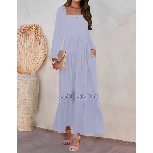 imageZESICA Womens 2023 Boho Long Sleeve Square Neck Smocked High Waist Flowy A Line Lace Trim Maxi DressDustytaro