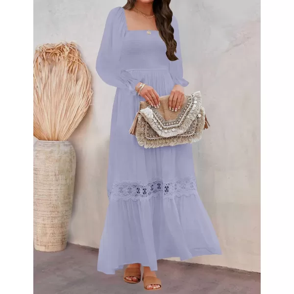 imageZESICA Womens 2023 Boho Long Sleeve Square Neck Smocked High Waist Flowy A Line Lace Trim Maxi DressDustytaro