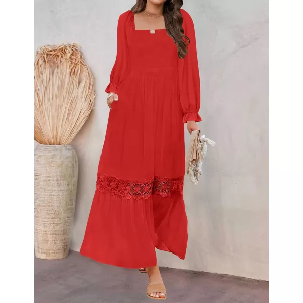 imageZESICA Womens 2023 Boho Long Sleeve Square Neck Smocked High Waist Flowy A Line Lace Trim Maxi DressFirered