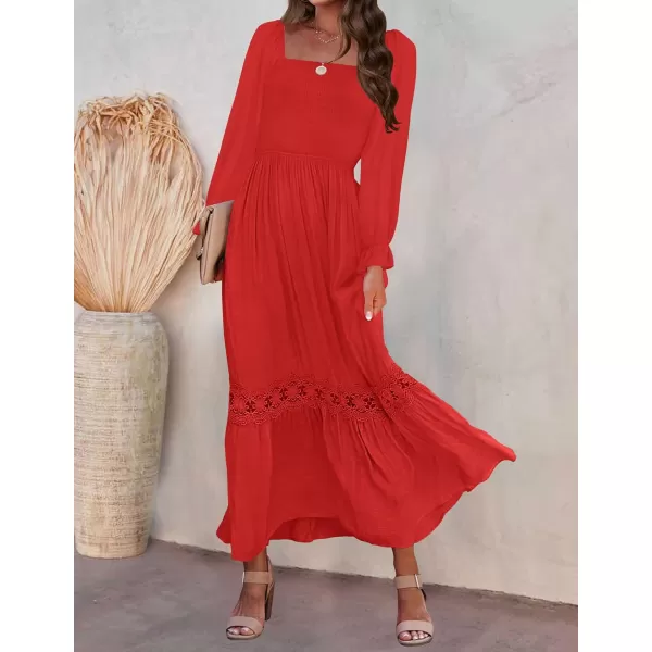 imageZESICA Womens 2023 Boho Long Sleeve Square Neck Smocked High Waist Flowy A Line Lace Trim Maxi DressFirered