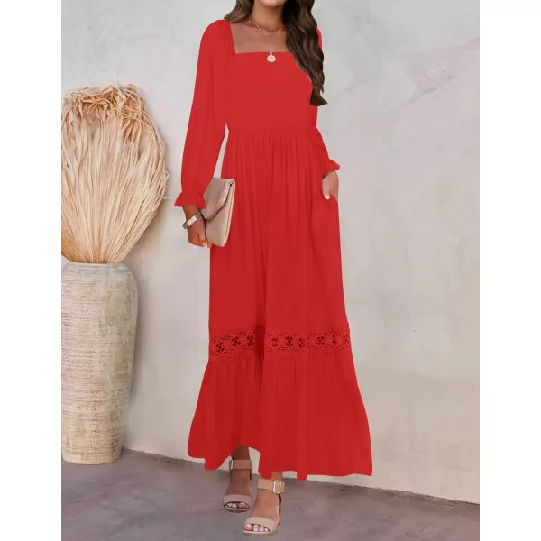 imageZESICA Womens 2023 Boho Long Sleeve Square Neck Smocked High Waist Flowy A Line Lace Trim Maxi DressFirered