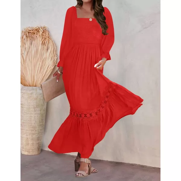 imageZESICA Womens 2023 Boho Long Sleeve Square Neck Smocked High Waist Flowy A Line Lace Trim Maxi DressFirered
