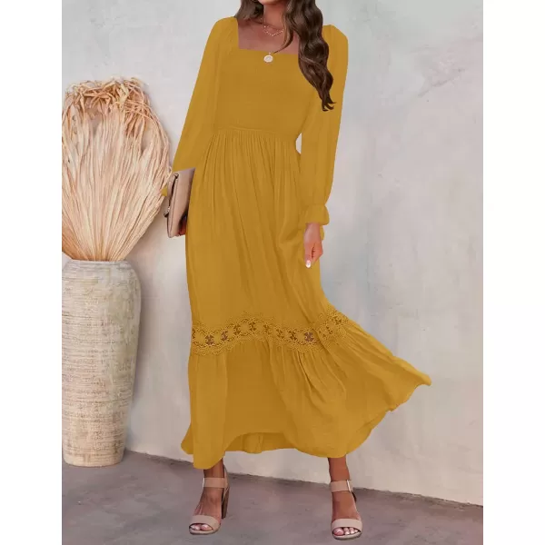 imageZESICA Womens 2023 Boho Long Sleeve Square Neck Smocked High Waist Flowy A Line Lace Trim Maxi DressGinger