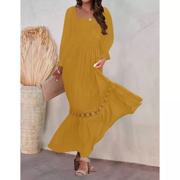 imageZESICA Womens 2023 Boho Long Sleeve Square Neck Smocked High Waist Flowy A Line Lace Trim Maxi DressGinger