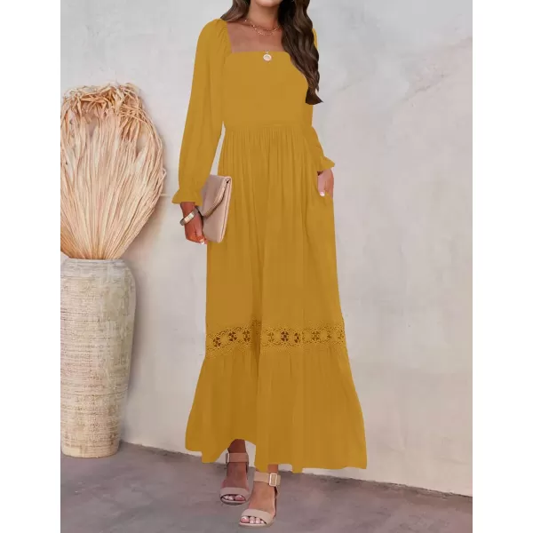 imageZESICA Womens 2023 Boho Long Sleeve Square Neck Smocked High Waist Flowy A Line Lace Trim Maxi DressGinger