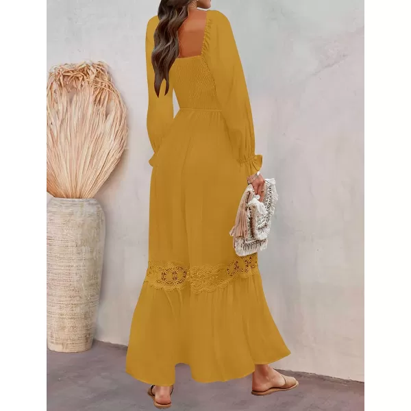 imageZESICA Womens 2023 Boho Long Sleeve Square Neck Smocked High Waist Flowy A Line Lace Trim Maxi DressGinger