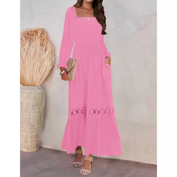 imageZESICA Womens 2023 Boho Long Sleeve Square Neck Smocked High Waist Flowy A Line Lace Trim Maxi DressHotpink