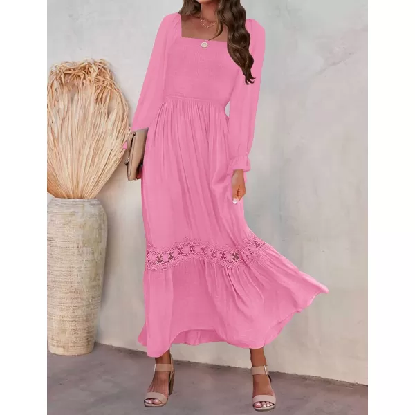 imageZESICA Womens 2023 Boho Long Sleeve Square Neck Smocked High Waist Flowy A Line Lace Trim Maxi DressHotpink