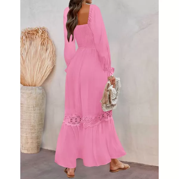 imageZESICA Womens 2023 Boho Long Sleeve Square Neck Smocked High Waist Flowy A Line Lace Trim Maxi DressHotpink