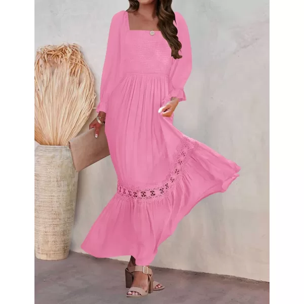 imageZESICA Womens 2023 Boho Long Sleeve Square Neck Smocked High Waist Flowy A Line Lace Trim Maxi DressHotpink