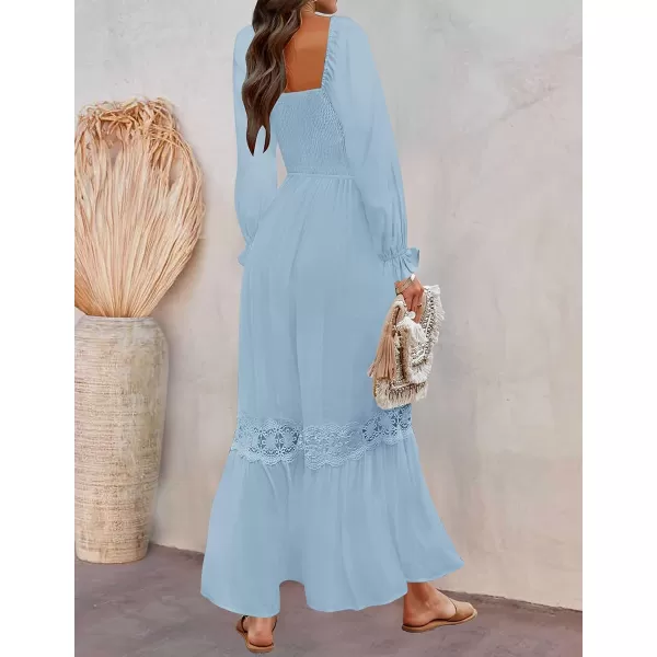 imageZESICA Womens 2023 Boho Long Sleeve Square Neck Smocked High Waist Flowy A Line Lace Trim Maxi DressLightblue
