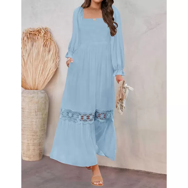 imageZESICA Womens 2023 Boho Long Sleeve Square Neck Smocked High Waist Flowy A Line Lace Trim Maxi DressLightblue