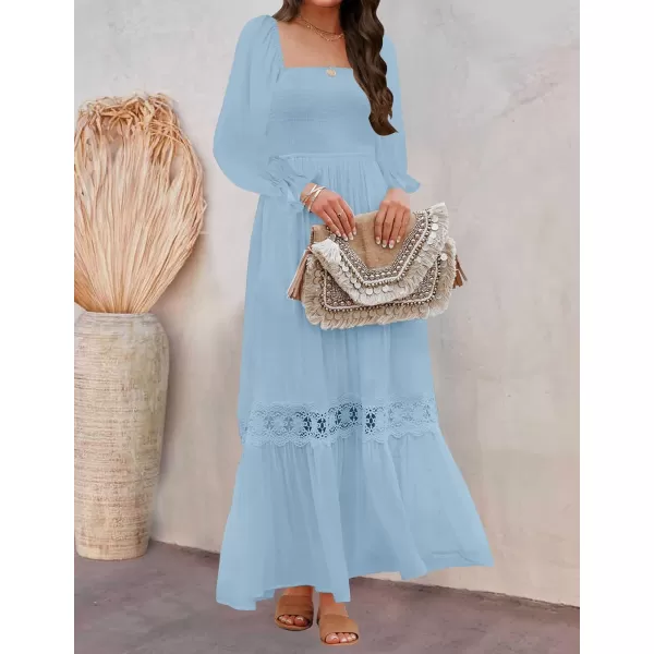 imageZESICA Womens 2023 Boho Long Sleeve Square Neck Smocked High Waist Flowy A Line Lace Trim Maxi DressLightblue